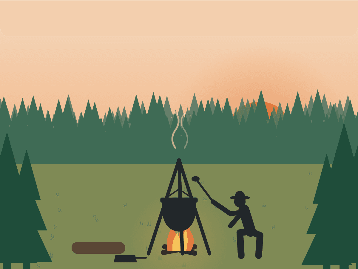 Illustration of a cast-iron pot cooking over a campfire at sunset