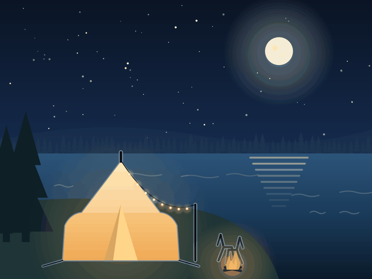 Illustration of a glowing canvas tent by the lake at night