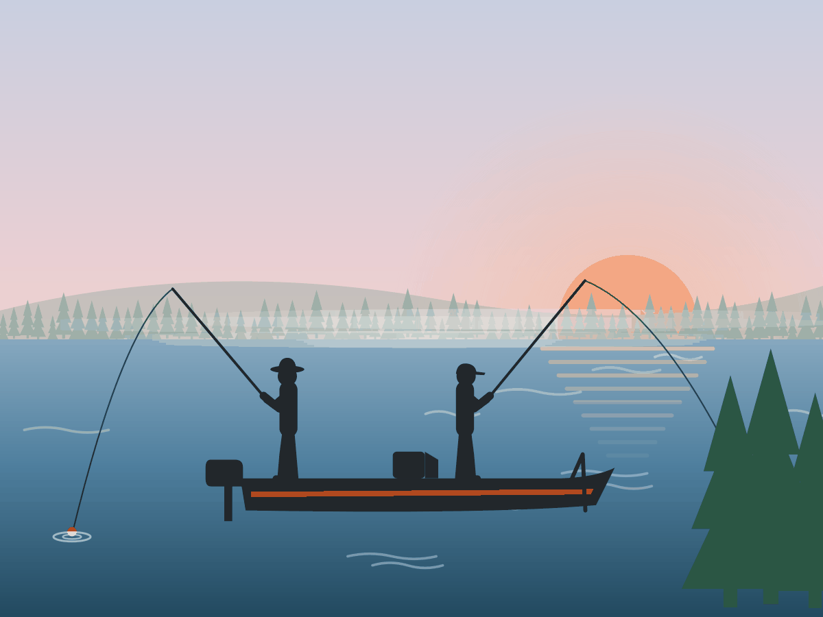 Illustration of two anglers casting from a bass boat at dawn