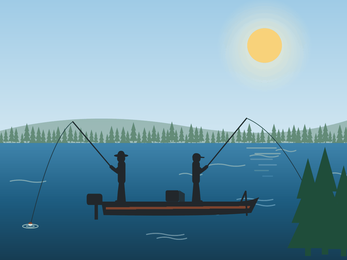 Illustration of two anglers casting from a bass boat during the day