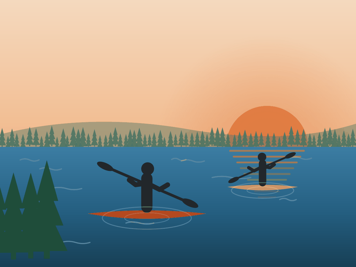 Illustration of two kayakers paddling on the lake at sunset
