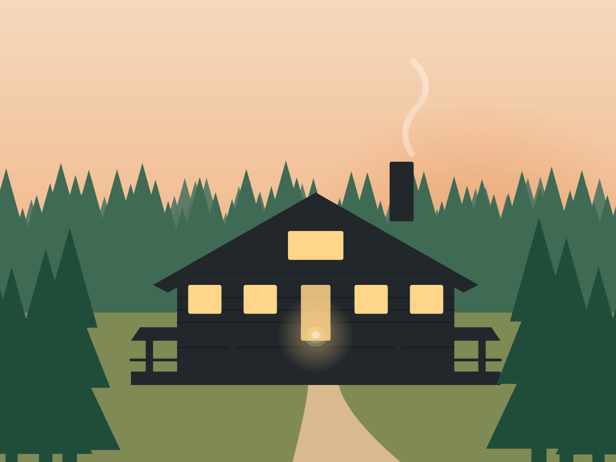 Illustration of a log lodge with a lit porch in the woods at sunset