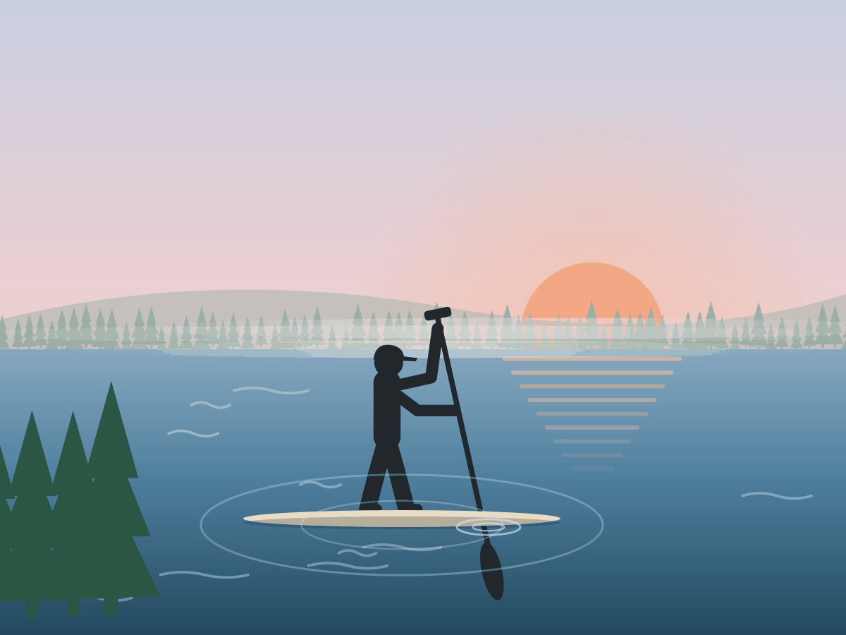 Illustration of a paddleboarder standing on a board at dawn
