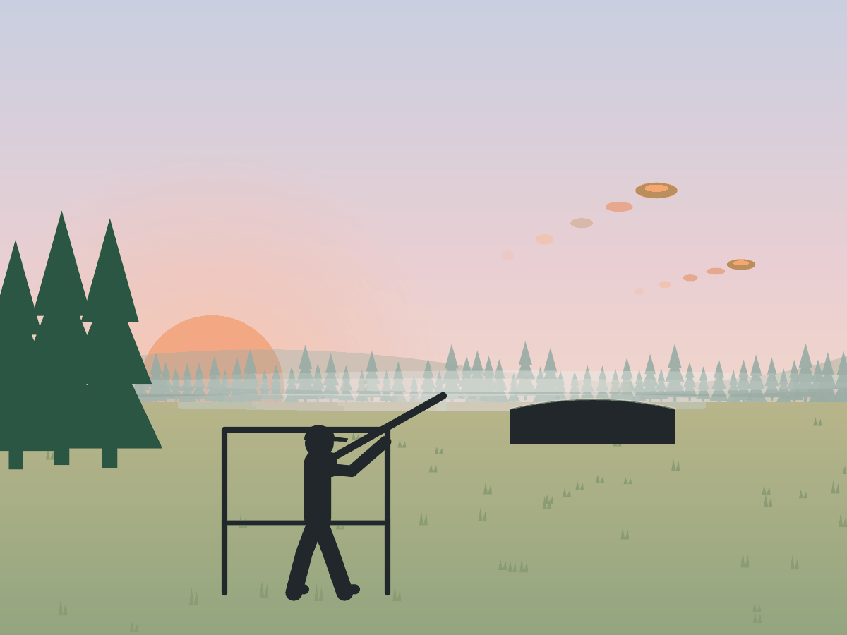 Illustration of a shooter firing at a flying clay target at dawn