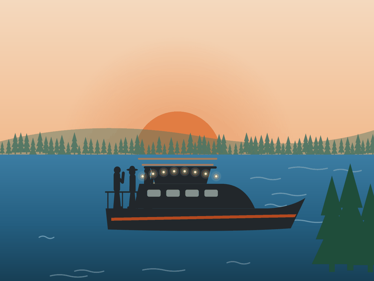 Illustration of a cruise boat with guests on the stern deck at sunset