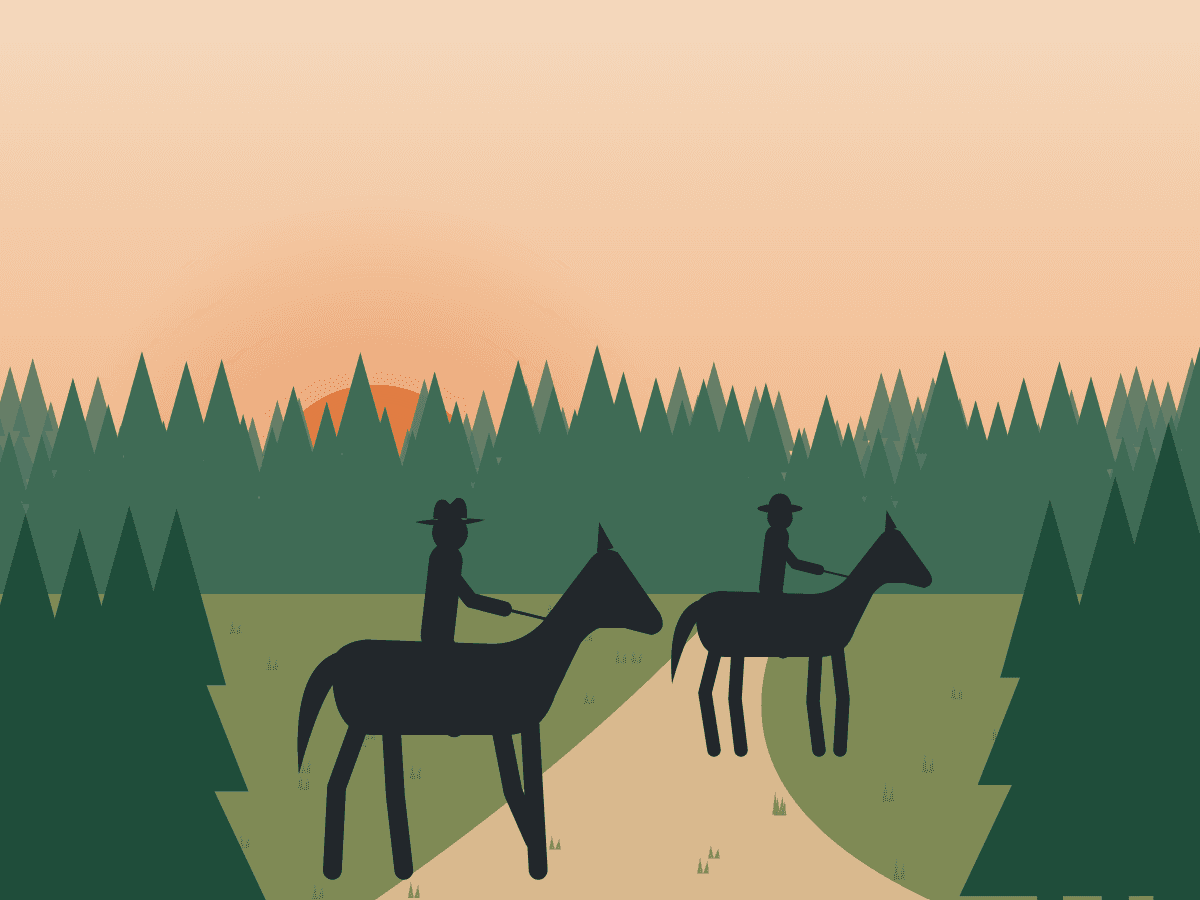 Illustration of two horseback riders on a forest trail at sunset