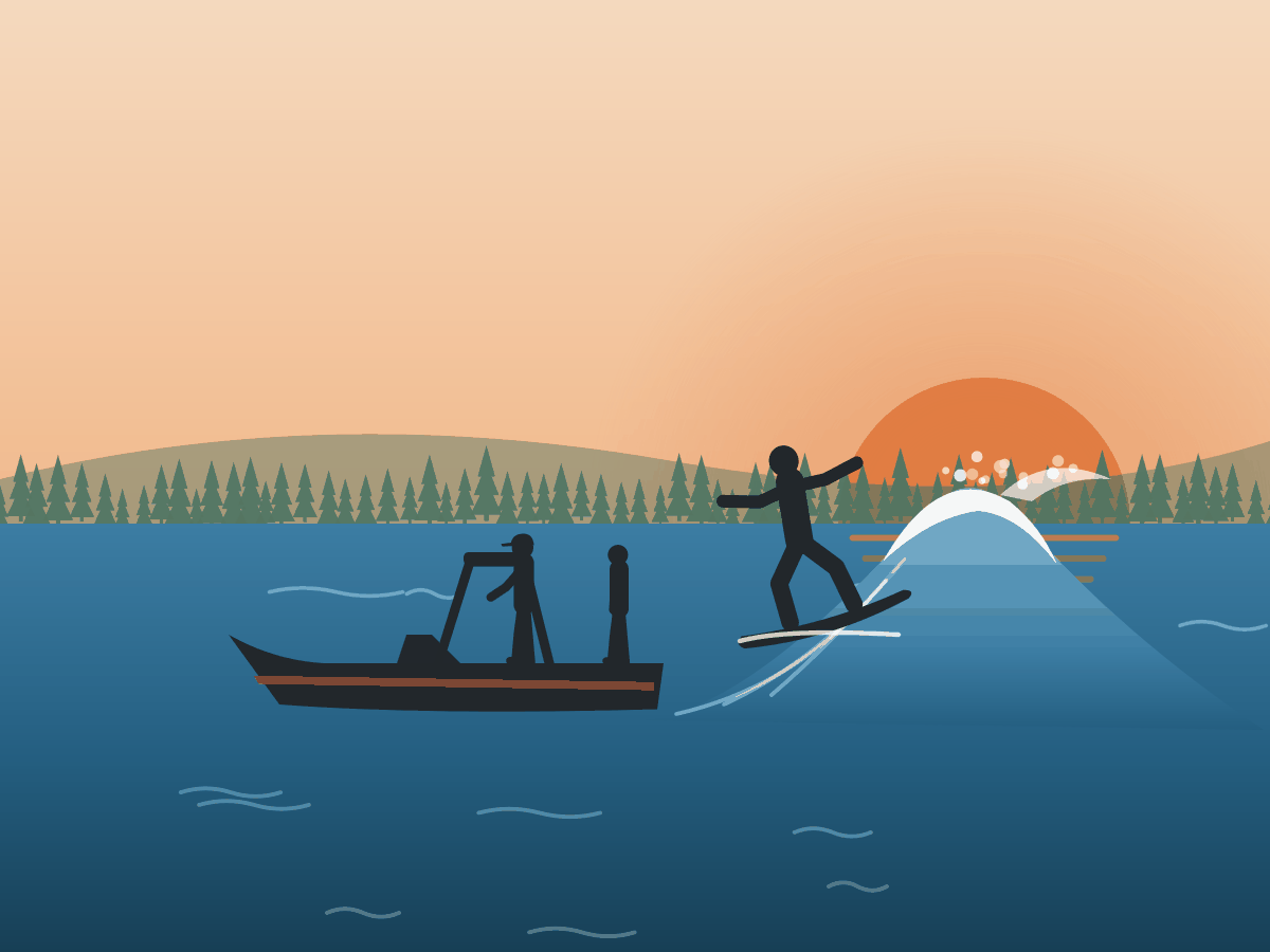 Illustration of a wakesurfer riding the wave behind a boat at sunset
