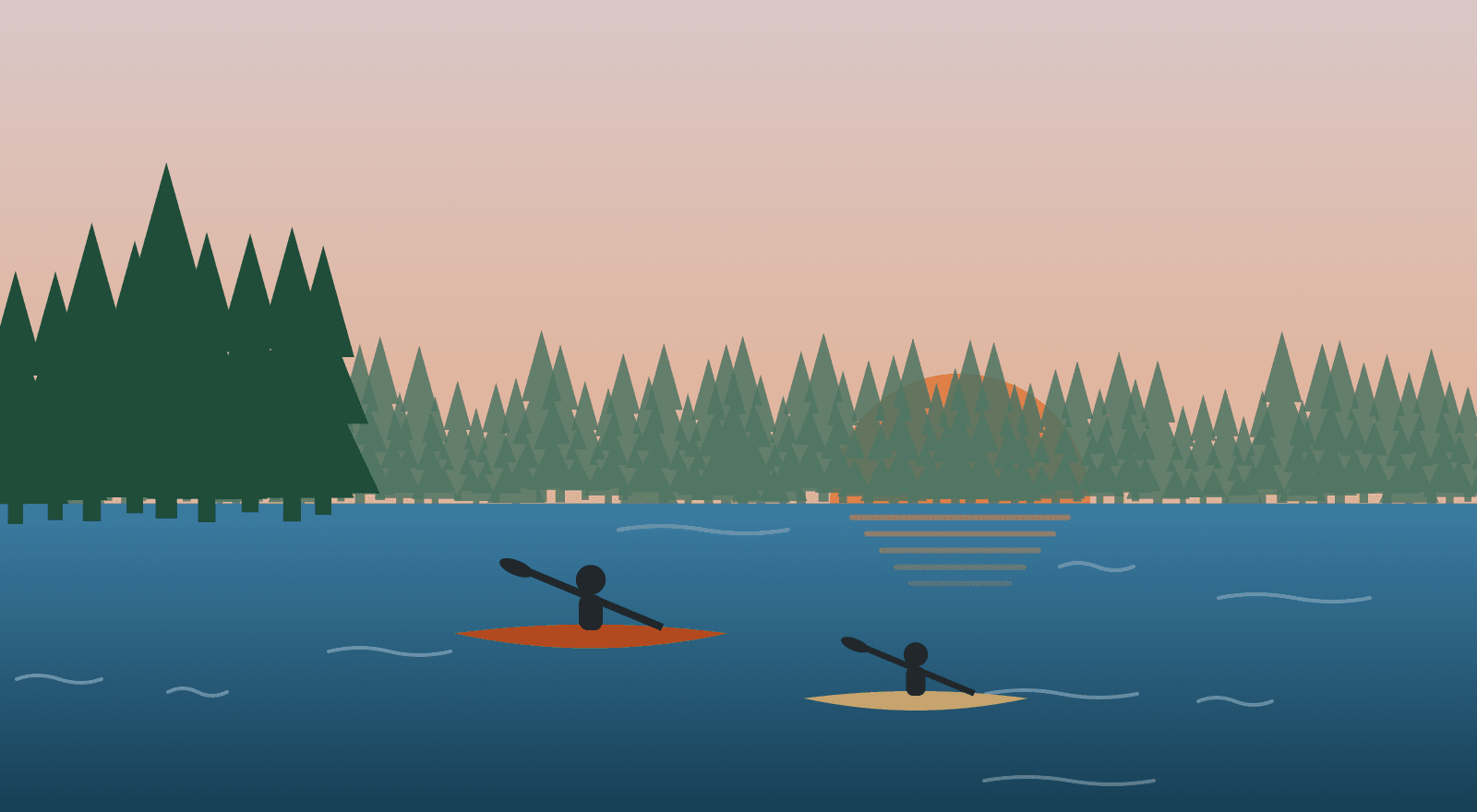 Illustrated Huntsville country with forest and water.