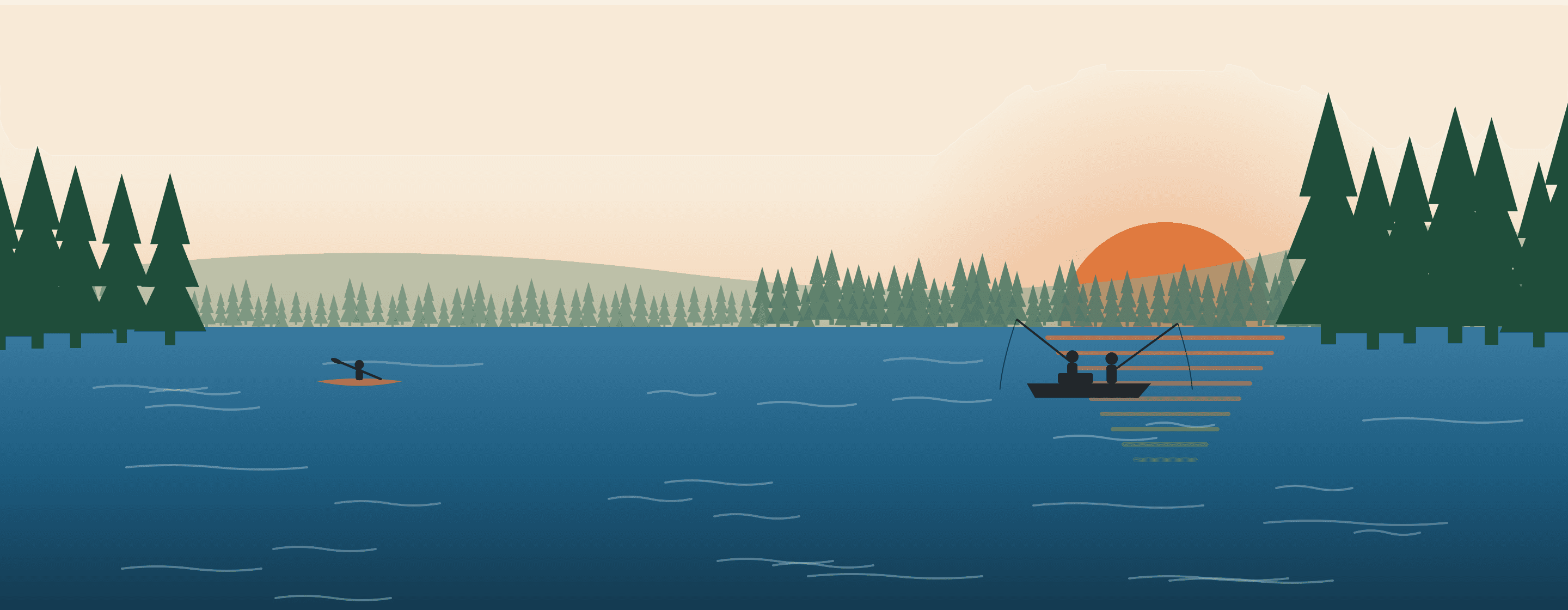 Illustrated golden-hour lake with pines, a kayak, and two people fishing from a boat.